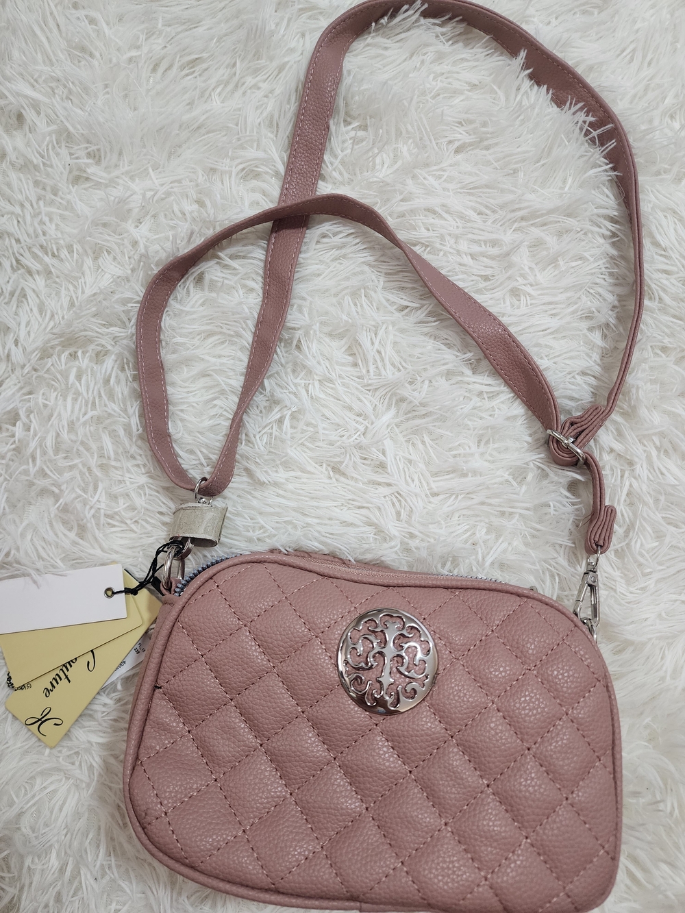 Quilted Pink Crossbody Bag with Silver Medallion